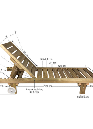 Soaking wooden Sunbed with wheels 200 x 68 cm