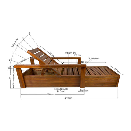 Soaking wooden Sunbed 210 x 62 cm